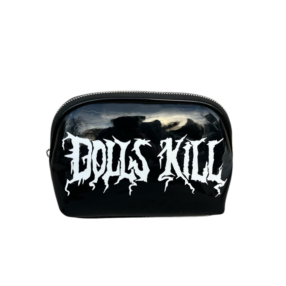 Dolls Kill Pouch Cosmetic Make Up Travel Bag in Black Vegan Leather Spellout